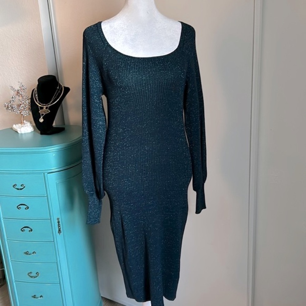 New Nine West Women’s Balloon Sleeve Deep Metallic Green Midi Sweater Dress